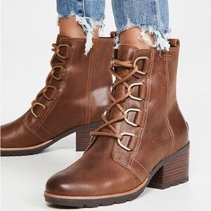 SOREL Cate Brown Leather Lace Up Burro Waterproof Boots US 8 Heels Booties